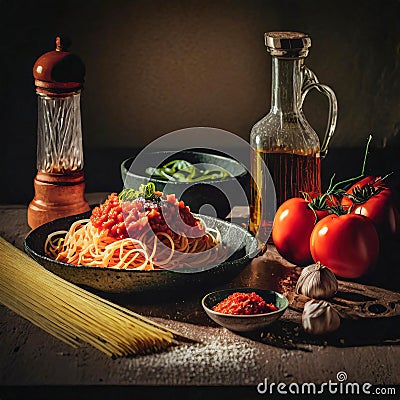 Illustration of tasty appetizing classic italian spaghetti pasta with tomato sauce, cheese parmesan and basil on plate on rustick Stock Photo