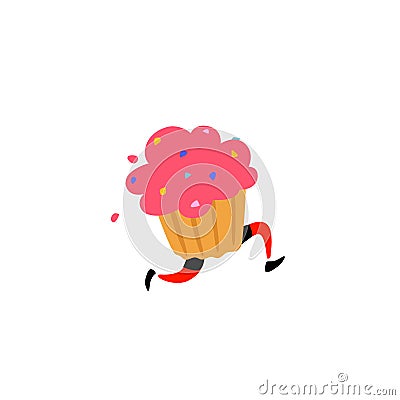 Illustration of a tasty muffin. Vector. Sweet character with legs. Icon for site on white background. Sign, logo for the store. De Vector Illustration