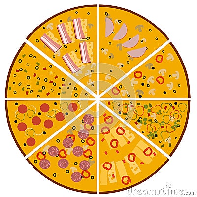 Illustration of tasty pizza. Slices of different pizzas Set. Vector Illustration