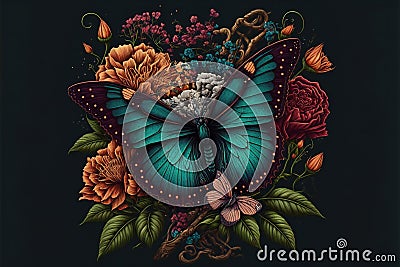 Tattoo design with flowers butterfly, digital illustration painting artwork Cartoon Illustration