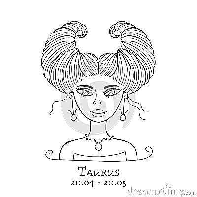 Illustration of Taurus zodiac sign. Element of Earth. Beautiful Girl Portrait. One of 12 Women in Collection For Your Vector Illustration
