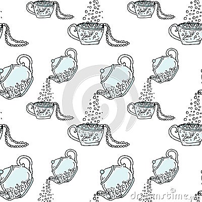 Illustration teapot and cup, hand drawn. Necklace and beads. Seamless pattern. Vector Illustration