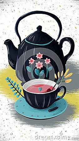 Illustration of a teapot with cup, saucer and other artistic details. Stock Photo