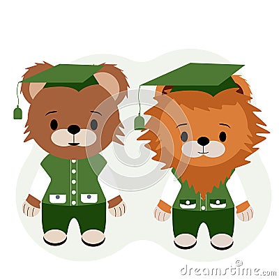Illustration of teddy bear and lion cub pupils in trousers, vests and shirts Vector Illustration