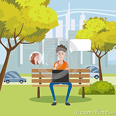 Illustration of a Teenagerl Using Her Laptop in a Bench in the Park, cartoon style,vector Vector Illustration