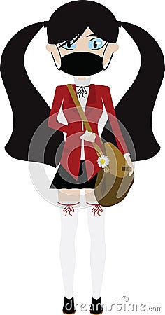 Illustration Teen School Girl in Uniform with Bag Backpack Wearing Black Cloth Face Mask Stock Photo