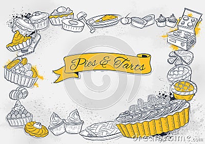 Template of different types of Pie and Tart for menu background design of Hotel or restaurant Vector Illustration