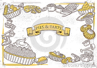 Template of different types of Pie and Tart for menu background design of Hotel or restaurant Vector Illustration