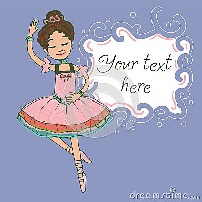 Illustration template with text and beautiful brunette ballerina girl dancing Stock Photo