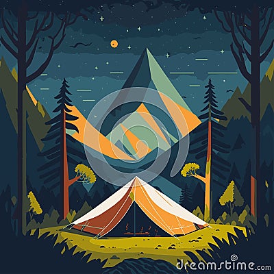 Illustration of a tent in front of a forest and mountain landscape with starry sky artistic digital art Stock Photo