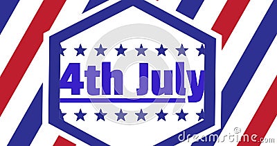 Illustration of 4th july text with stars on hexagon shape against blue, white and red stripes Stock Photo