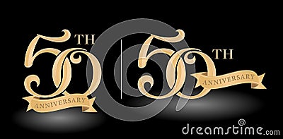 Illustration of 50th tag Label Golds anniversary with ribbon, isolated black backgrounds. applicable for banners, greeting cards, Vector Illustration