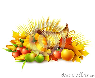 Illustration of a Thanksgiving cornucopia full of harvest fruits and vegetables. Fall greeting design. Autumn harvest Vector Illustration