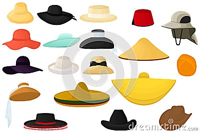 Illustration on theme big kit different types hats Vector Illustration