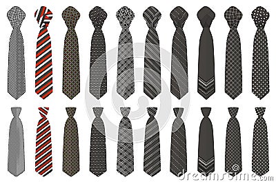 Illustration on theme big set ties different types, neckties various size Vector Illustration