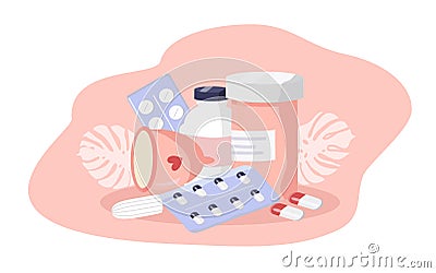 Illustration on the theme of periods, pain during menstruation. Vials, tablets, pain reliever, menstrual cup, tampon Vector Illustration