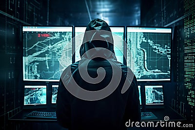 Illustration of threat actor attempted to launch a cyber attack. Anonymous hacker in data center. Implanted malware and ransomware Stock Photo