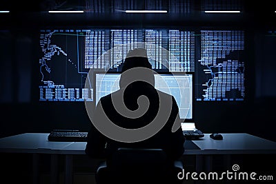 Illustration of threat actor attempted to launch a cyber attack. Anonymous hacker in data center. Implanted malware and ransomware Stock Photo