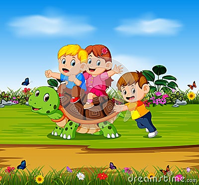 The three children are playing on the big turtle in the forest Vector Illustration