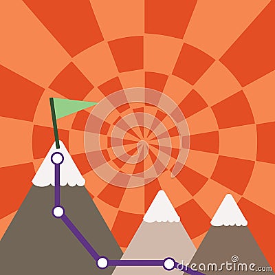 Illustration of Three Colorful Mountains with Trail and White Snowy Top with Flag on One Peak. Creative Background Vector Illustration