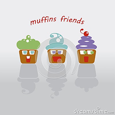 Illustration of three cupcakes with faces Vector Illustration