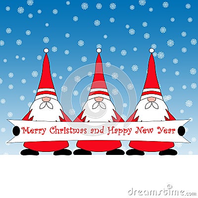 An illustration of three gnome santas against a blue background with snowflakes Cartoon Illustration