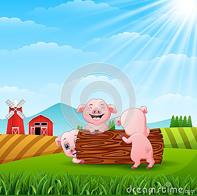 Three little pigs playing logs at hills Vector Illustration