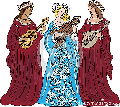 Illustration of three medieval women playing instruments Stock Photo