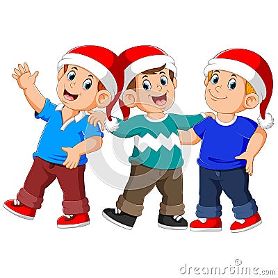 Three men uses the christmas hat is standing and talking Vector Illustration