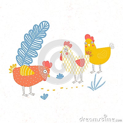 Illustration of three poultry. Chicken on the farm. Vector Illustration