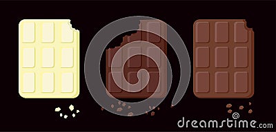 Illustration of three varieties of bitten chocolate. Objects isolated on a layer. Vector Food for cards, applications Vector Illustration