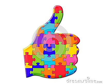 Illustration of a thumbs up sign composed of colorful puzzle pieces on a white background Cartoon Illustration