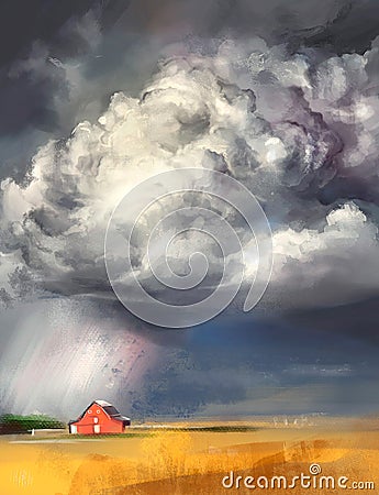 Illustration of a thunderstorm in a village Stock Photo