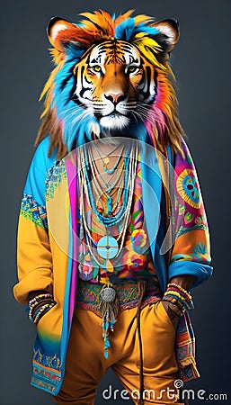 Tiger wearing hippy clothes: The idea of the humanization of animals Cartoon Illustration