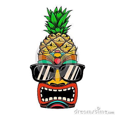 Illustration of tiki mask in sunglasses. For t shirt, poster, card, banner, logo. Vector Illustration