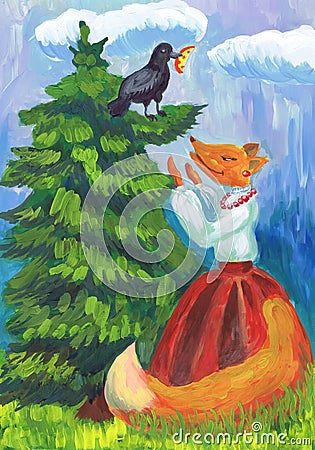 Illustration to the fable by I.A. Krylov `Crow and a fox`. Children`s drawing Stock Photo