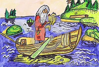 Illustration to the fairy tale by A.S. Pushkin `Tale of the fisherman and a small fish`. Children s drawing Stock Photo