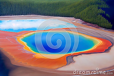 illustration top view Grand Prismatic Spring in Yellowstone. 3d illustration. Generative AI Cartoon Illustration