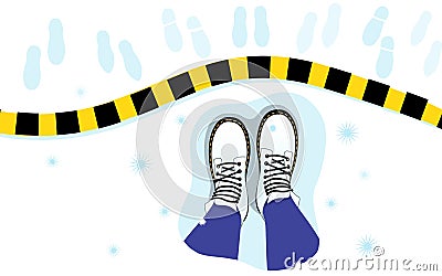 Illustration of top view of legs, boots on snow, stripe, footprints. Psychological concept of isolation, protection virus, Stock Photo