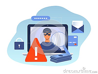 Illustration on the topic of online fraud, cyber security. laptop with fraudster image, warning sign, money, bank card, passwords Vector Illustration