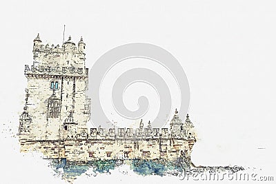 Illustration. Torre de Belem or the Belem Tower is one of the attractions of Lisbon. Stock Photo