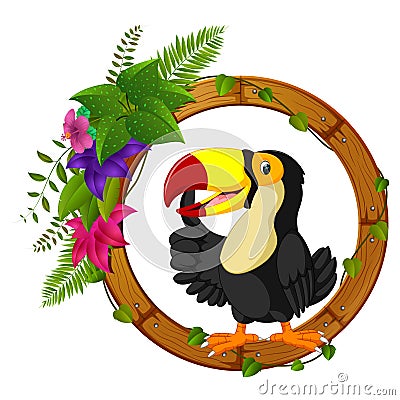 Toucan on round wood frame with flower Vector Illustration