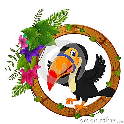 Toucan on round wood frame with flower Vector Illustration