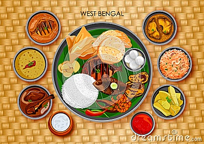 Traditional Bengali cuisine and food meal thali of West Vector Illustration