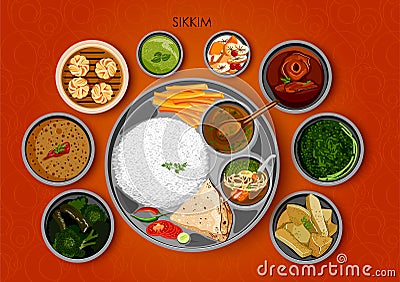 Traditional cuisine and food meal thali of Sikkim India Vector Illustration