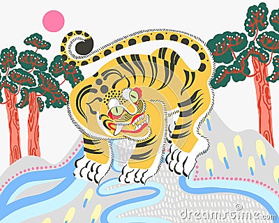 Illustration of traditional Korean painting of decorative tiger with trees and sun Vector Illustration