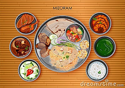 Traditional Mizorami cuisine and food meal thali of Mizoram Vector Illustration