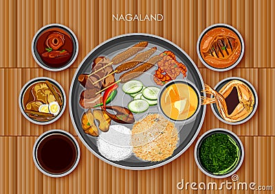 Traditional Naga cuisine and food meal thali of Nagaland Vector Illustration