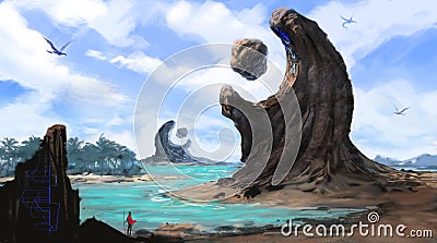 Traveler hiking into a mysterious coastal environment - digital fantasy painting Stock Photo