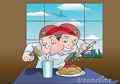 Illustration of a traveling boy eating fast catching a plane Vector Illustration